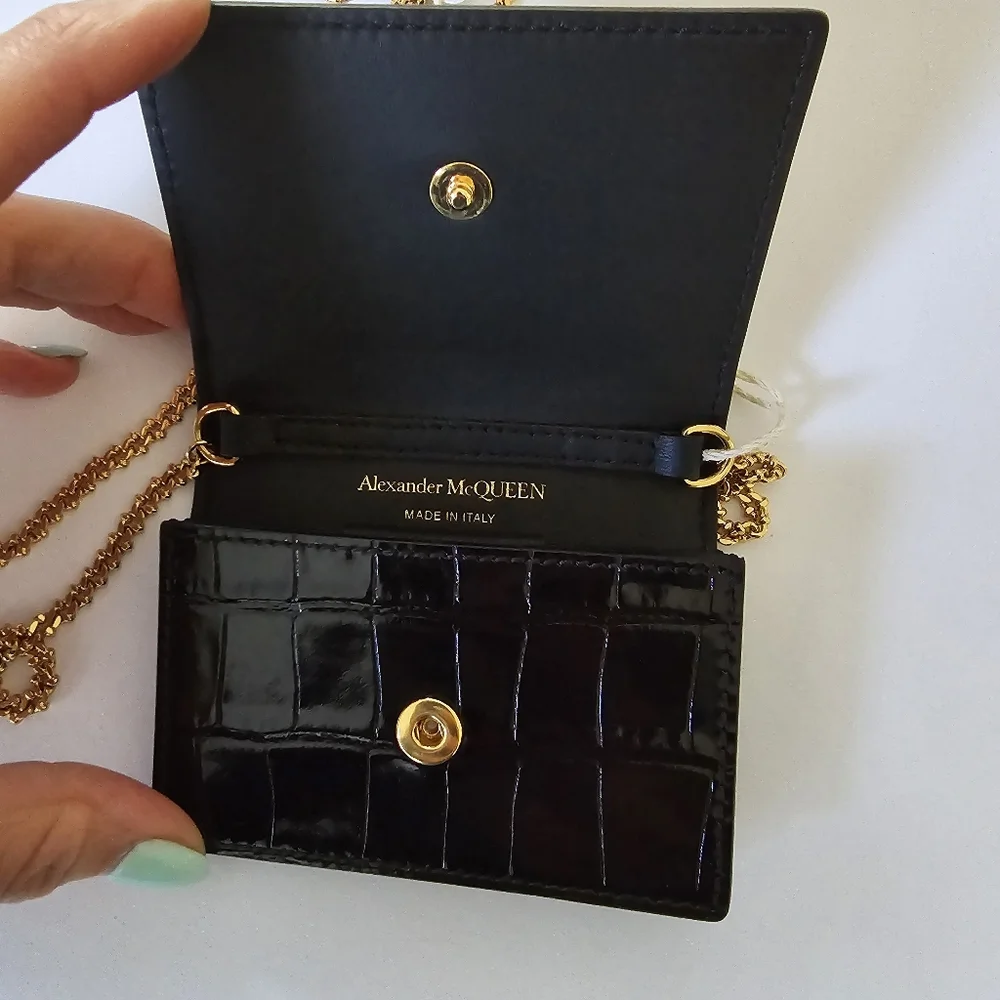 Alexander McQueen Croc-Embossed Leather Card Holder On Chain Black